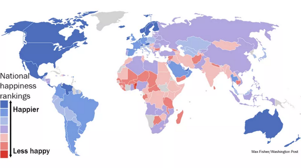 Những quốc gia màu xanh lam là những quốc gia hạnh phúc nhất.